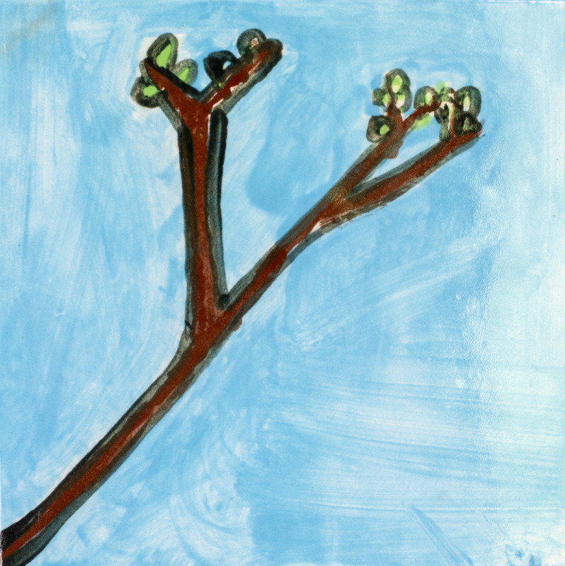 Painting of a brown branch with green buds in front of a blue sky.