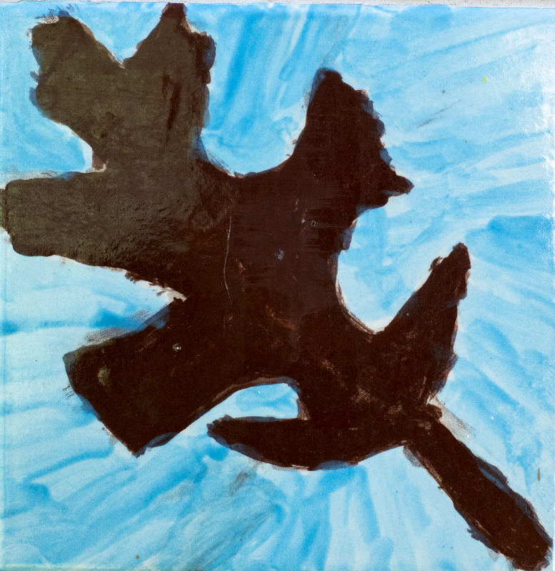 Painting of brown oak leaf against blue background.