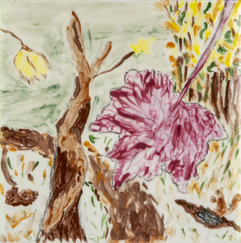 Painting of trees with brown trunks, green grass, yellow flowers, and a large pink leaf or flower in the foreground.