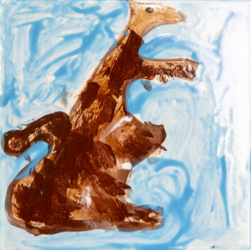 Painting of a brown squirrel with a bushy tail, sitting upright against a light blue background.