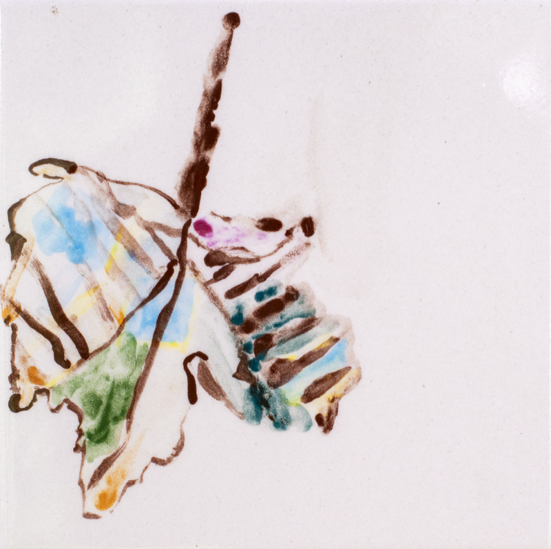 Painting of a colorful maple leaf in blue, green, and yellow tones with brown outlines on a white background.