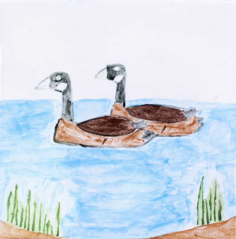 Painting of two Canada Geese swimming in water.