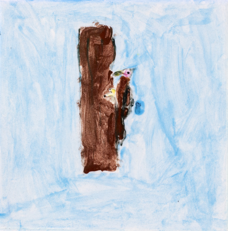 Painting of woodpecker with red head perched on tree trunk against blue background.