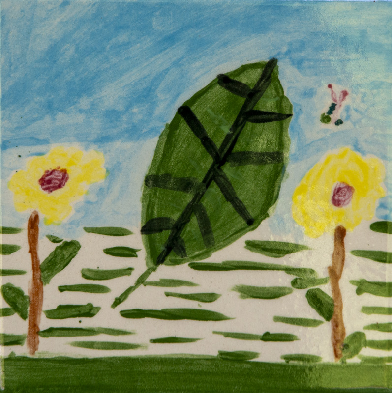 Painting of a green leaf with dark veins between two yellow flowers on stems, set in grassy ground under a blue sky.