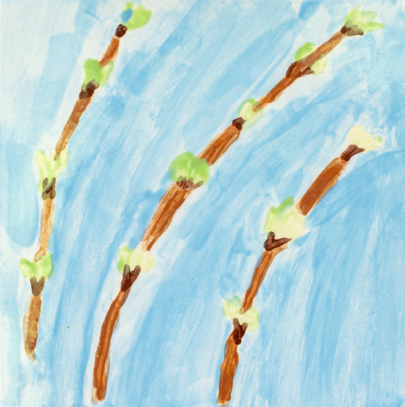 Painting of brown twigs with green buds growing in front of a blue background.