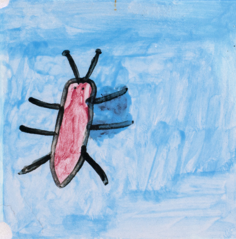 Painting of a red waterbug with a blue background.