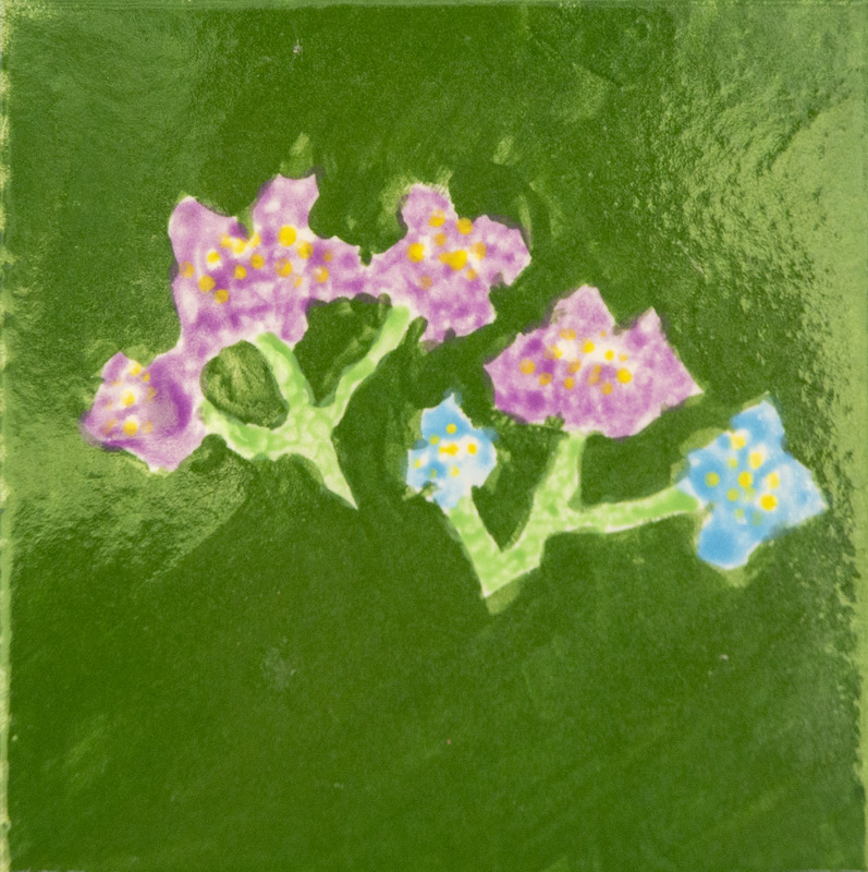 Painting of purple and blue flowers with yellow centers on green stems against a dark green background