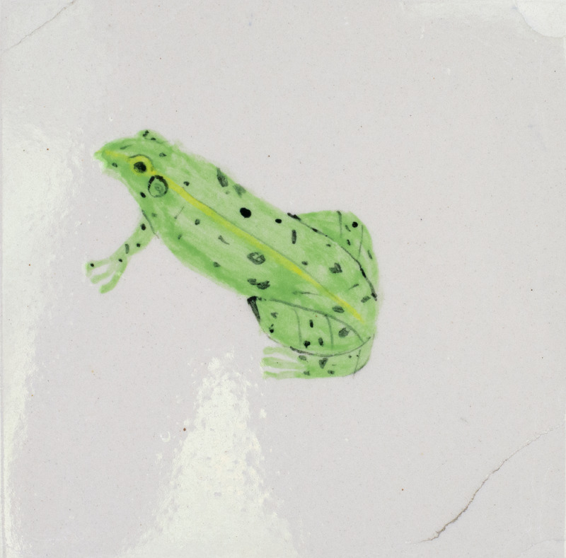Painting of a green frog with black spots in front of a white background.