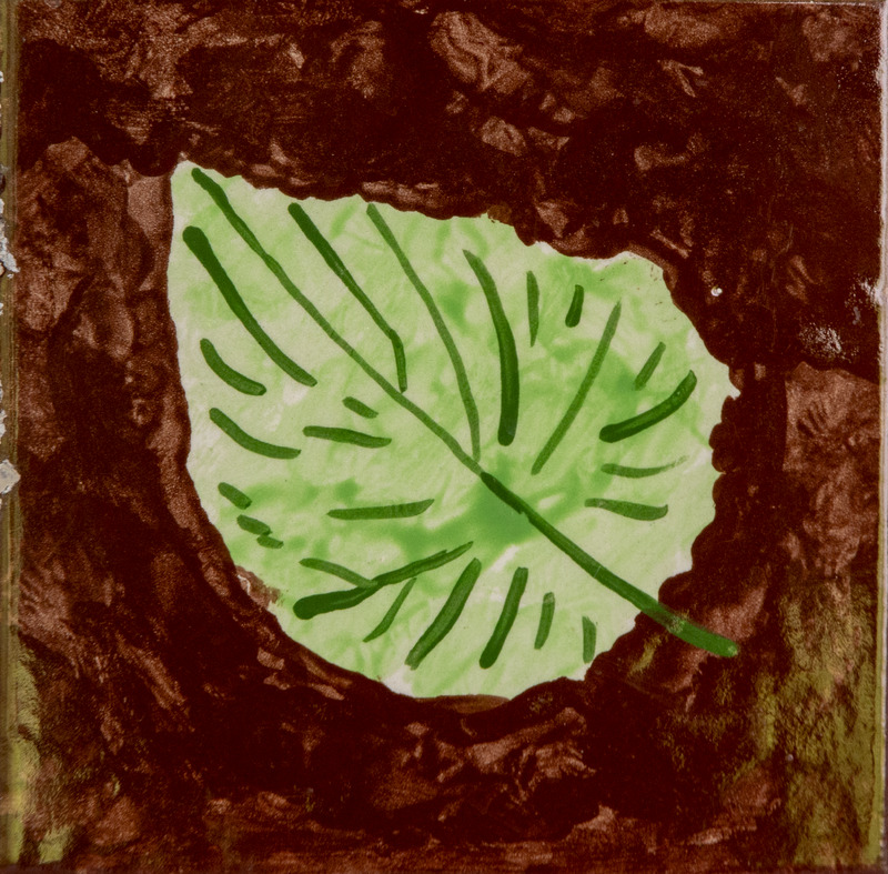 Painting of a light green leaf with dark green veins, set against a dark-brown background.