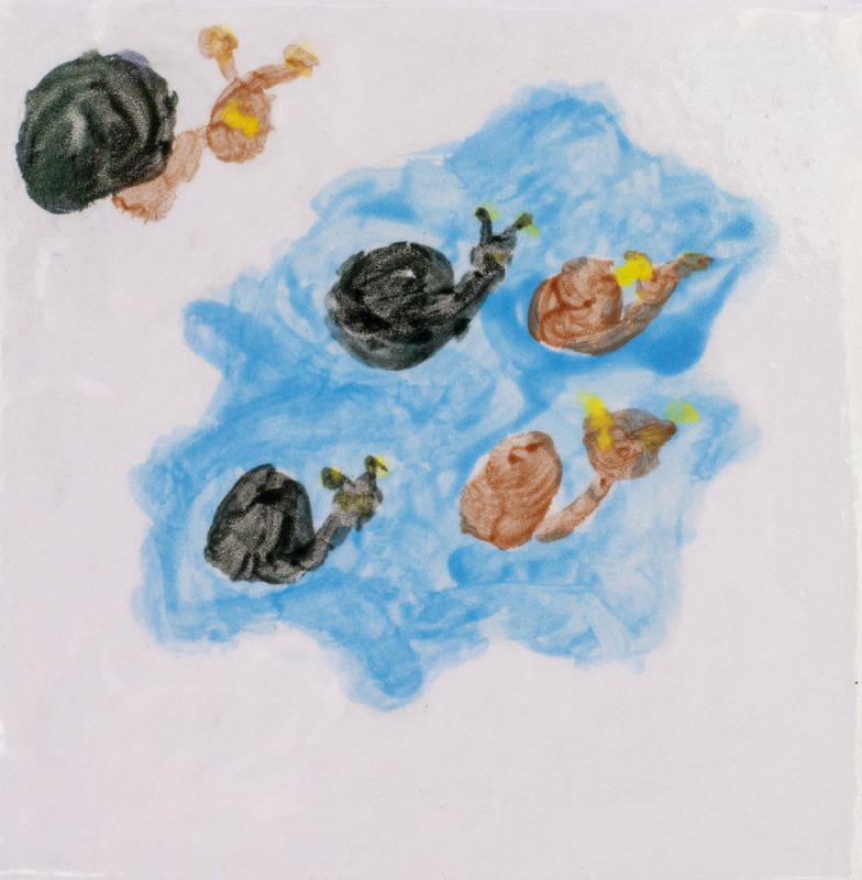 Painting of five snails in water.