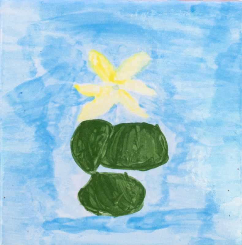 Painting of yellow flower and three green leaves.