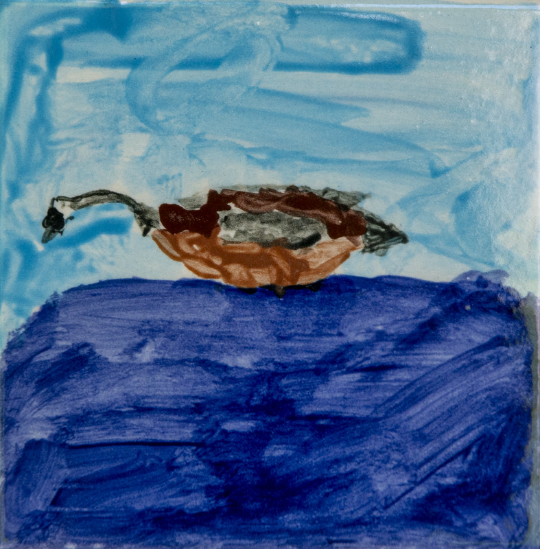 Painting of a goose floating on blue water, with a brown and gray body, long neck, and light blue sky above.