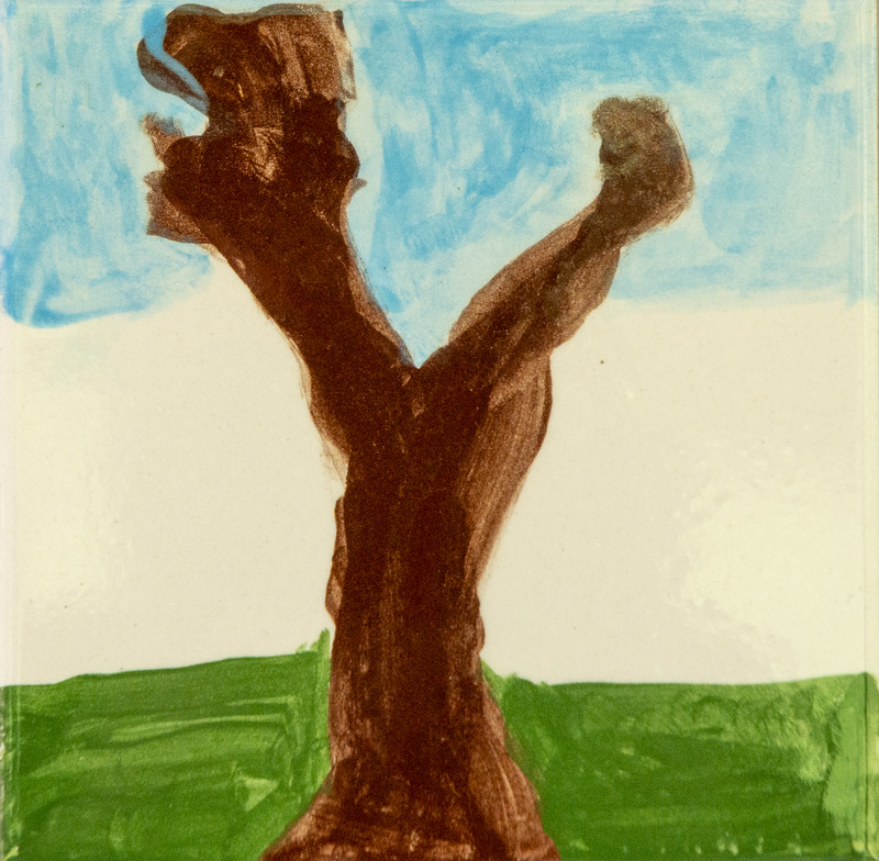 Painting of a brown tree trunk with two thick branches reaching upward, standing on green grass beneath a blue sky.