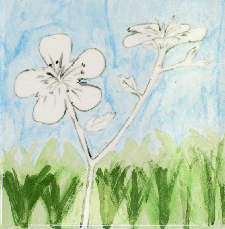 Painting of two white flowers with black anthers in green grass. They are in front of a blue sky.