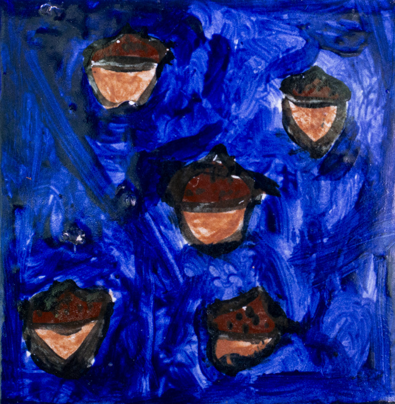 Painting of five acorns against dark blue background.
