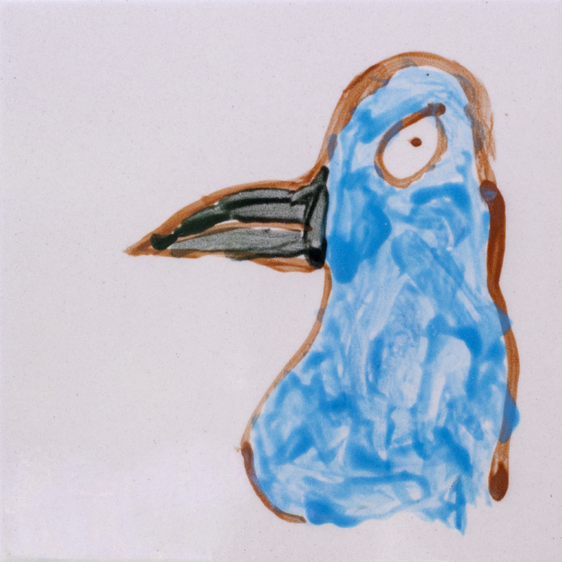 Painting of a blue bird’s head with a long dark beak and a round eye on a plain background.
