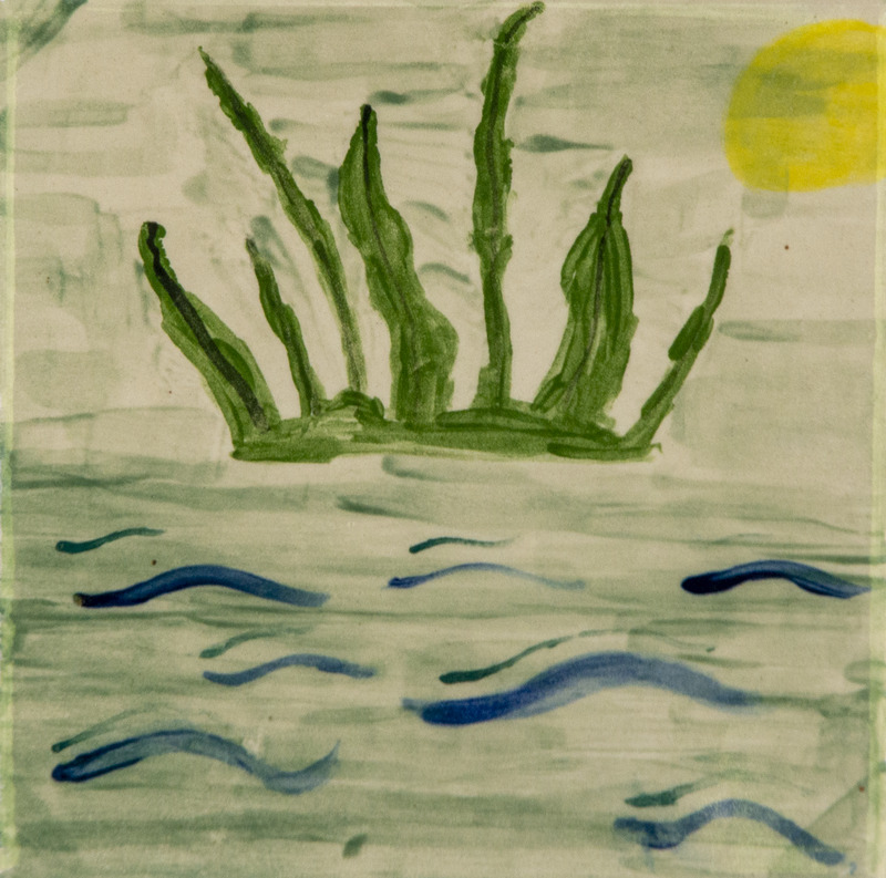 Painting of green water plants rising from a pond with blue ripples and a yellow sun in the corner.
