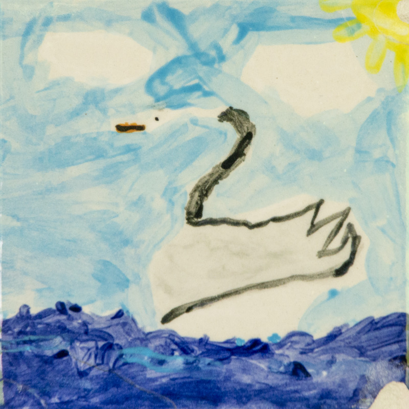 Painting of a white goose swimming on blue water, with a long curved neck, an orange beak, under a light blue sky with a yellow sun in the corner.