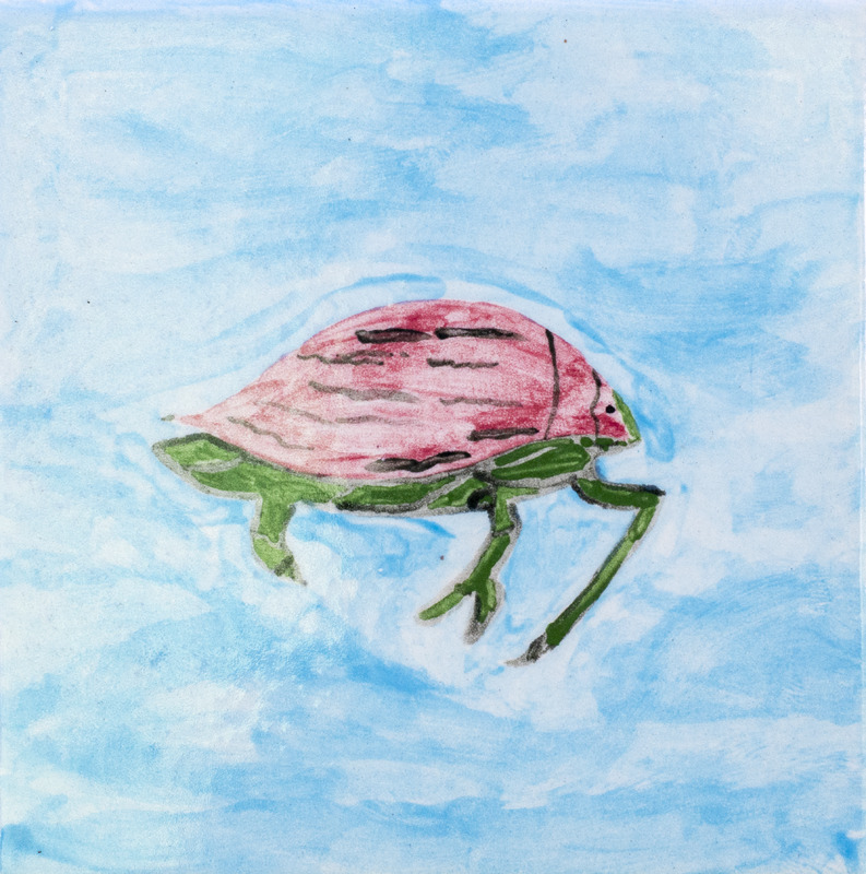 Painting of red water beetle with green legs.