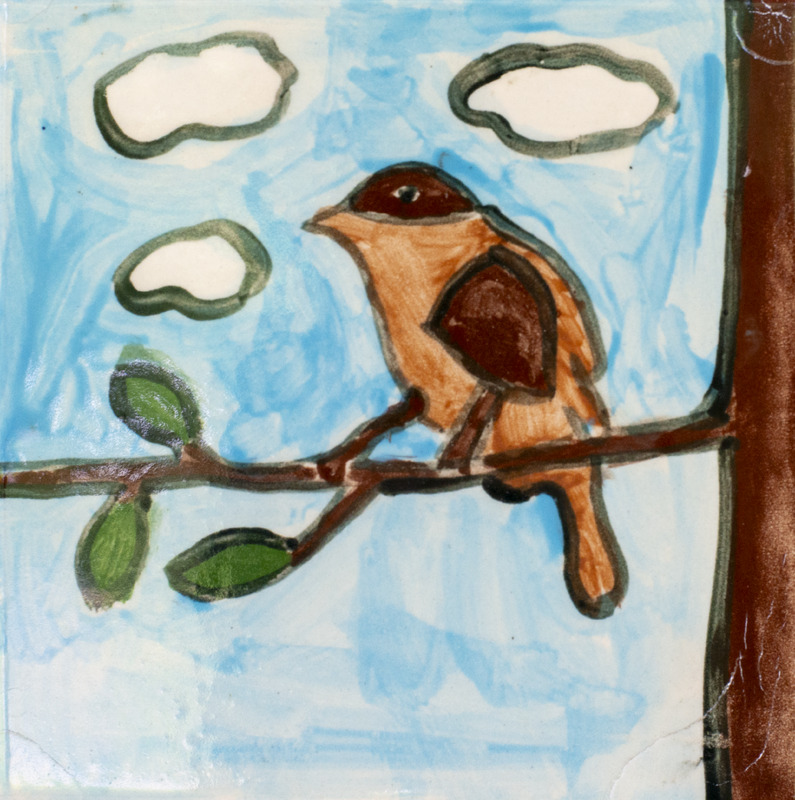 Painting of a brown bird sitting on a tree branch with green leaves in front of blue sky with clouds.