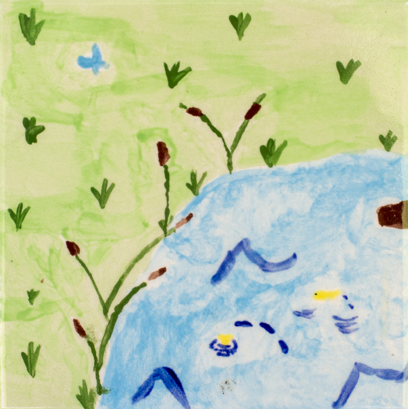 Painting of a pond scene with cattails and other plants along the blue pond.