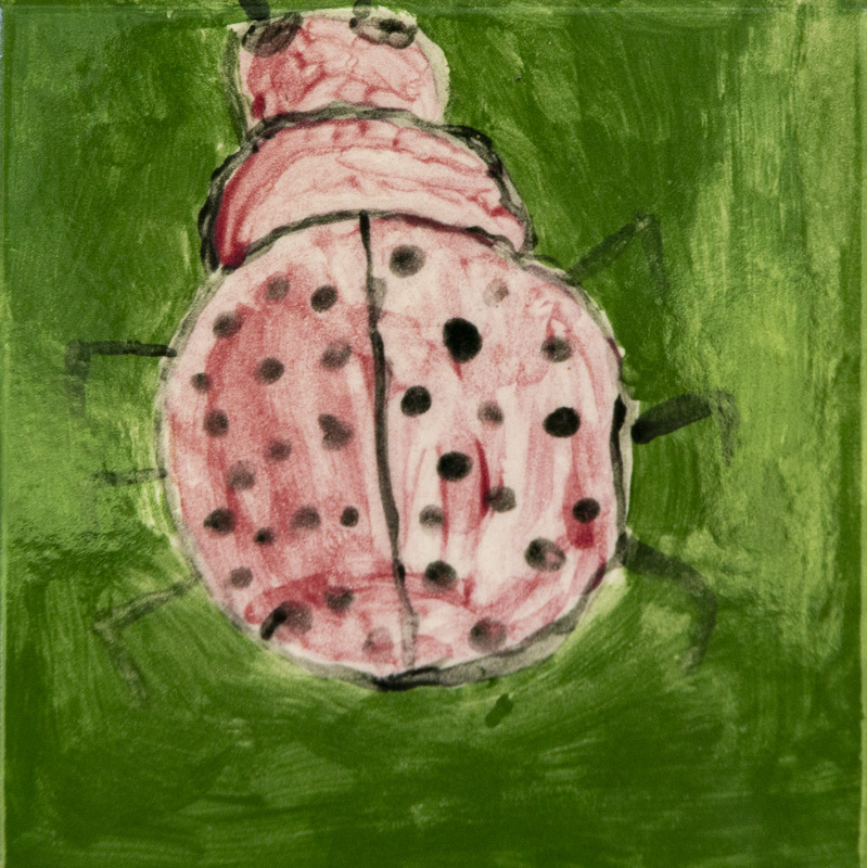 Painting of a red ladybug with black spots on a green background.