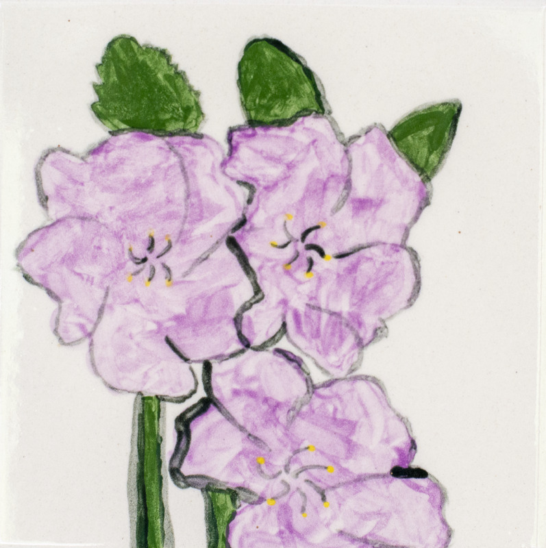 Painting of three pink flowers in front of a white background.