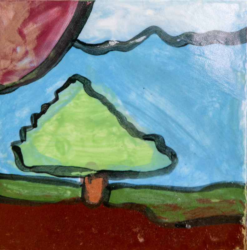 Painting of a green tree with brown trunk on brown ground under a blue sky, with a large red sun in the corner.