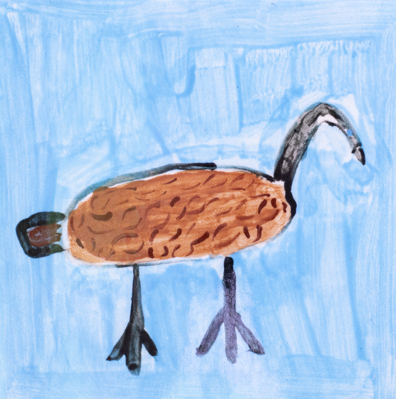 Painting of a goose with a brown body, black neck and legs, and a small green and brown tail against a light blue background.