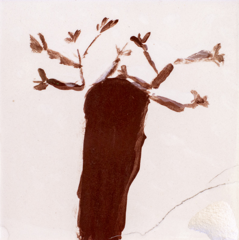 Painting of brown tree with small branches against white background.
