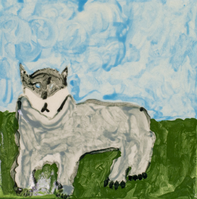 Painting of a grey wolf in grass and in front of a blue sky.
