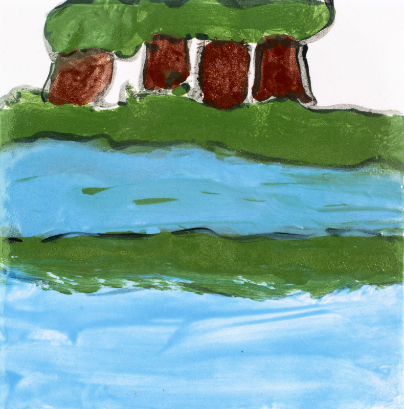Painting of brown tree trunks with green tops beside a blue river, with grassy banks and water reflections.