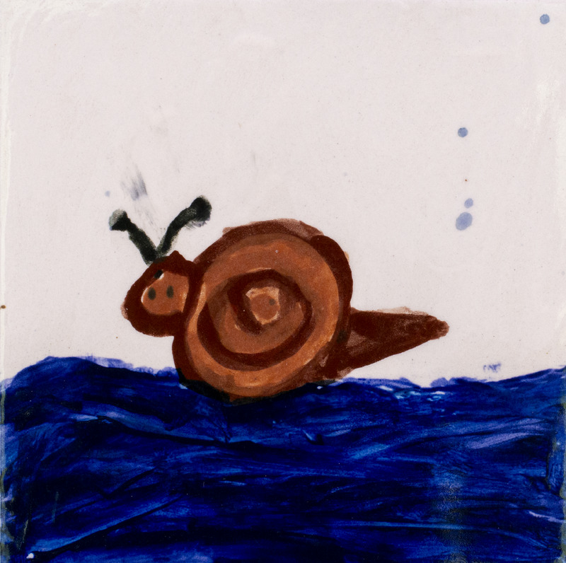 Painting of a brown snail floating on the water.