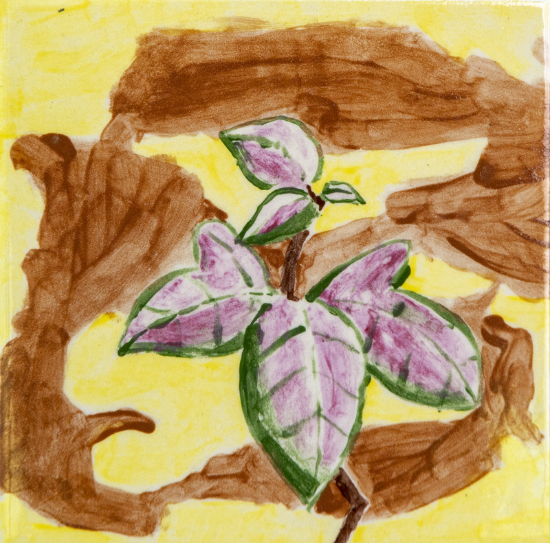 Painting of green and purple poison ivy leaves in the center, surrounded by brown tree branches against a yellow background.