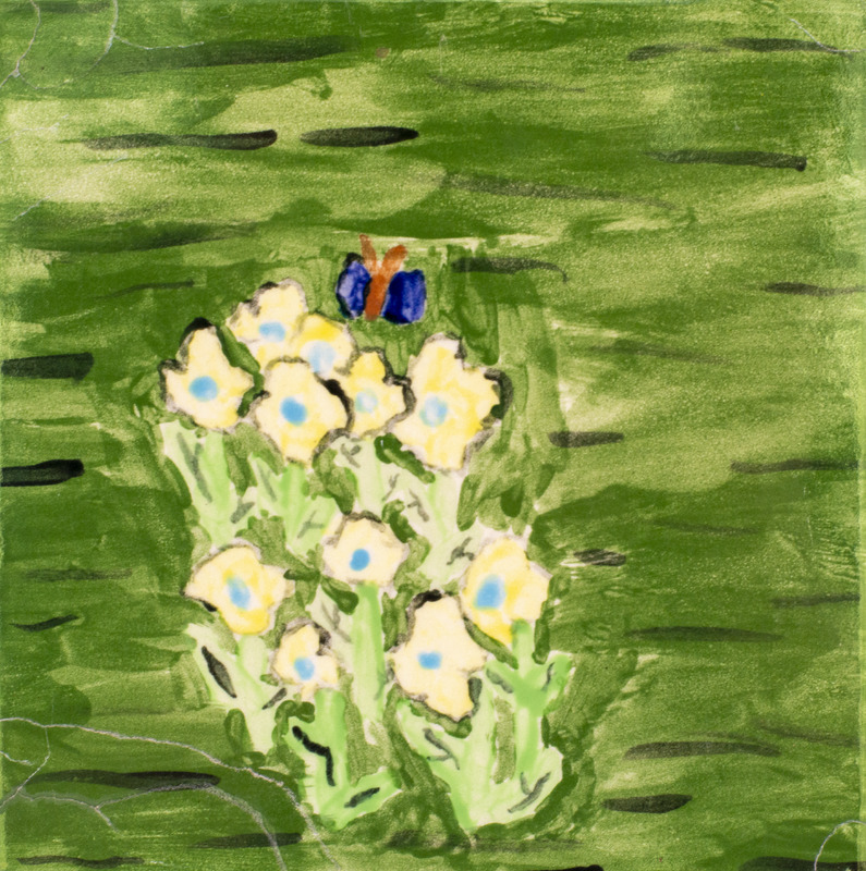 Painting of yellow and blue flowers with green stems growing in the grass, and a butterfly flying over.