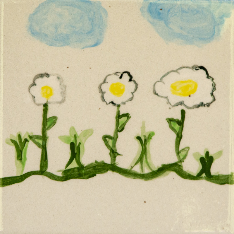 Painting of three white flowers with yellow centers on green stems, under a sky with blue clouds.