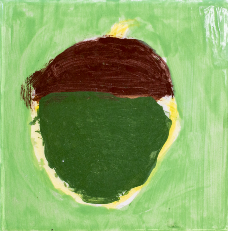 Painting of green acorn with brown cap against green background.