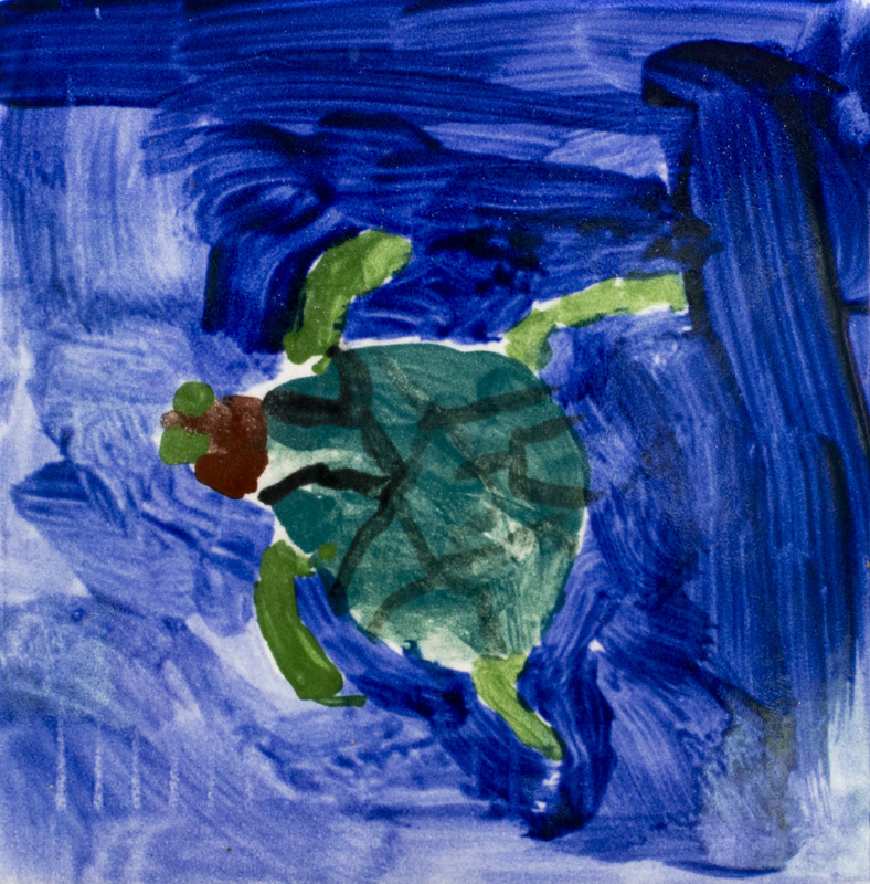 Painting of a green turtle with a brown head, swimming in dark blue water.