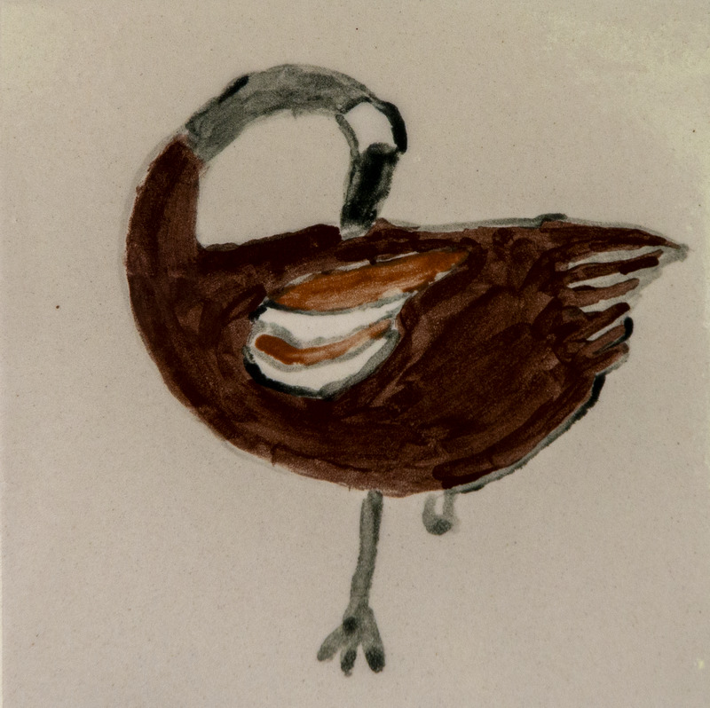 Painting of a goose with a brown body, curved neck, and gray head and legs, standing on a plain light background.