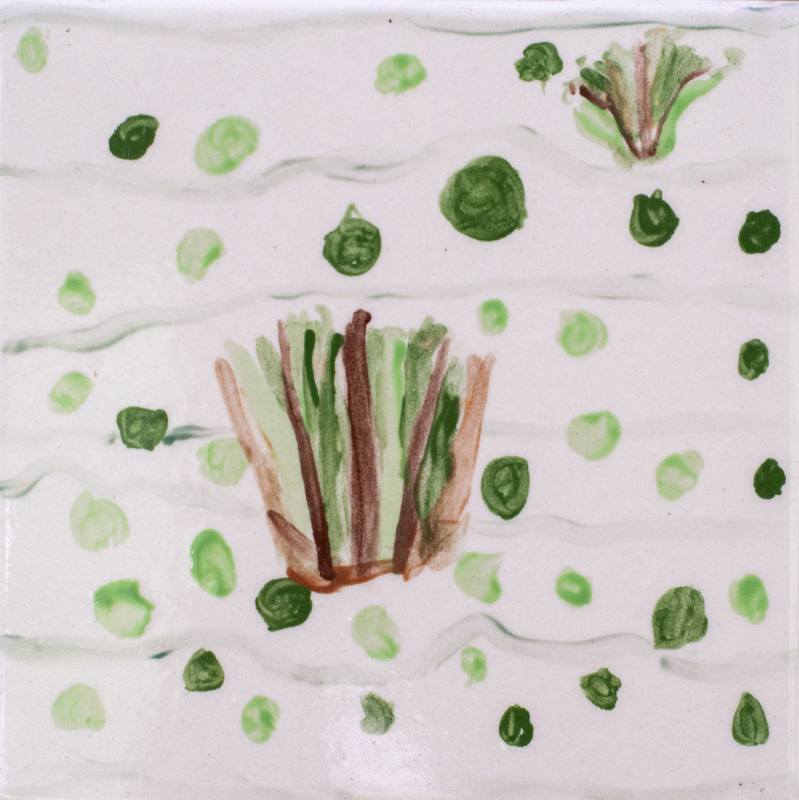 Painting of green pond plants growing in shallow water, surrounded by scattered floating leaves.
