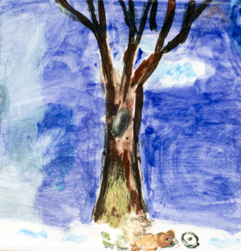 Painting of a tall tree with a squirrel resting near it in the snow.