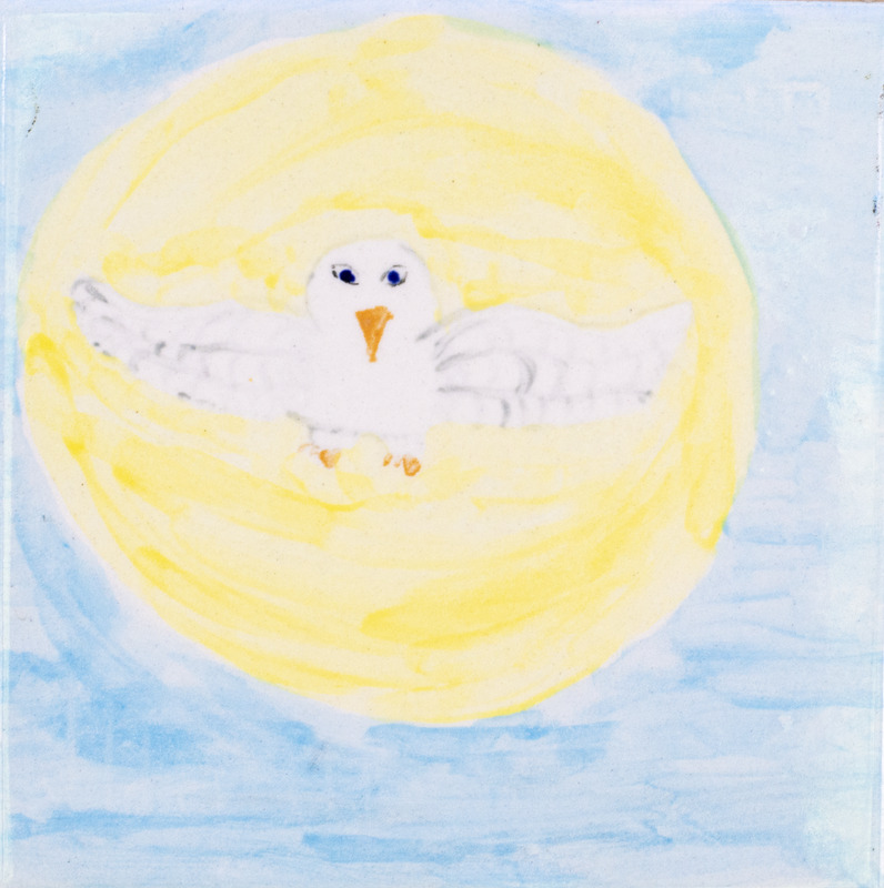 Painting of white owl flying and facing viewer in front of yellow moon in blue sky.