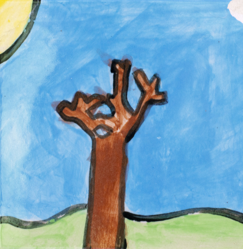 Painting of a brown tree with the sun on the side and a blue background.