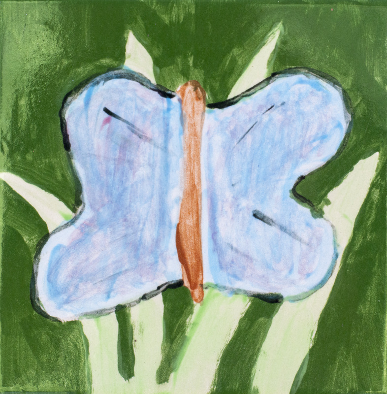 Painting of blue butterfly in front of green leaves against dark green background.