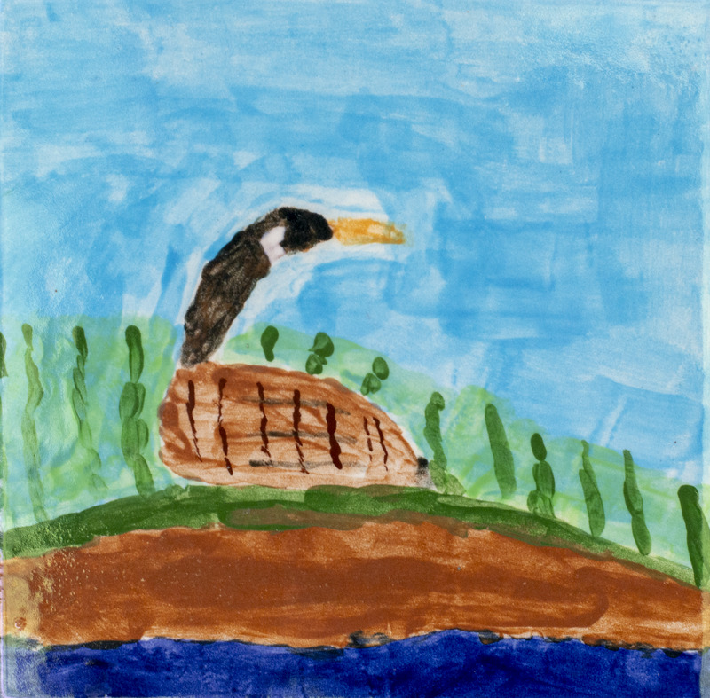 Painting of a Canada Goose lying in the grass by a pond.