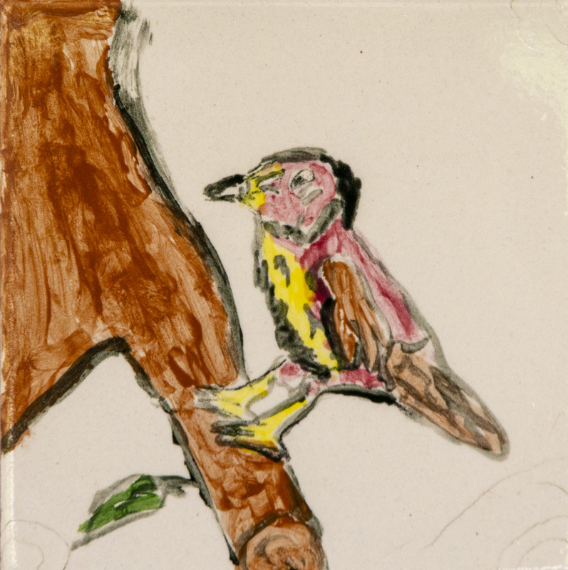 Painting of a bird perched on a brown tree branch, with yellow feet and red, brown, and yellow feathers.