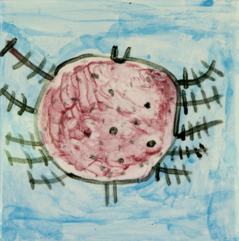 Painting of a red water mite with black legs and spots on a blue background.