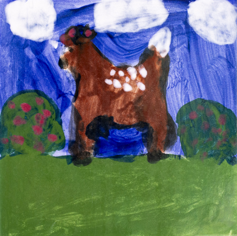 Painting of whitetail deer fawn between two bushes with red berries against dark blue sky.