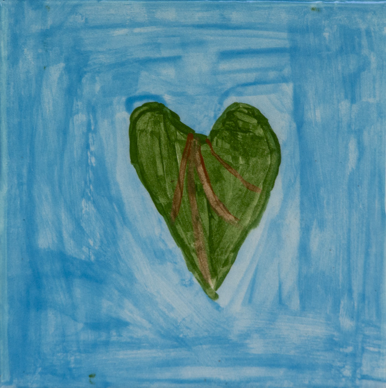 Painting of a green, heart-shaped leaf with brown veins centered on a light blue background.