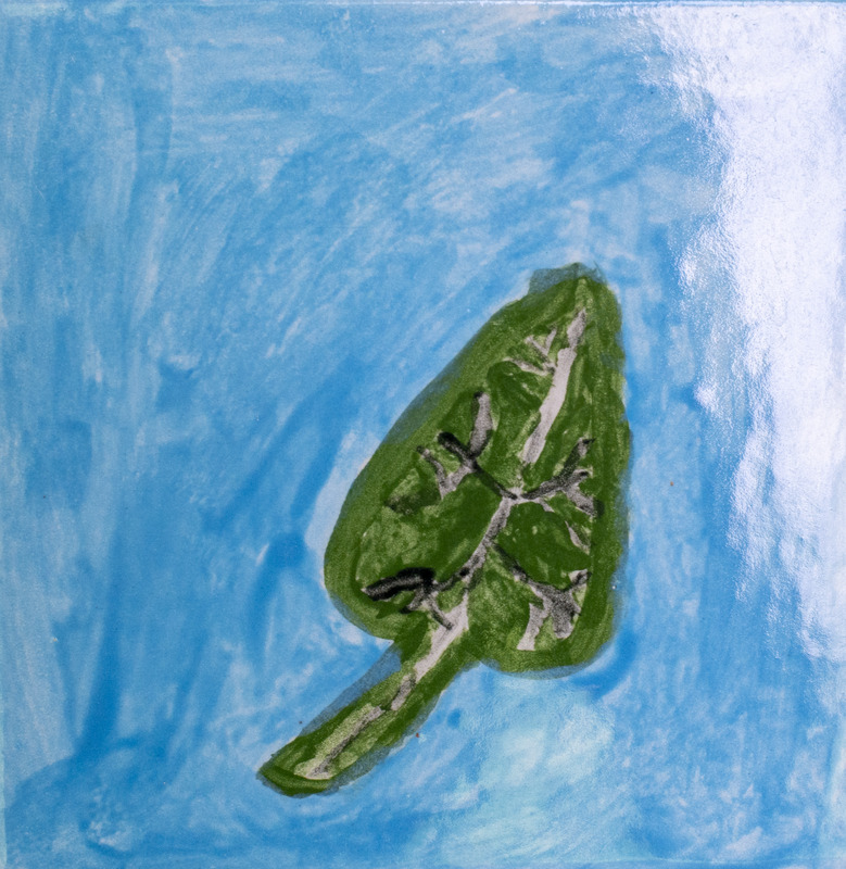 Painting of a green leaf in front of a blue sky with white clouds.